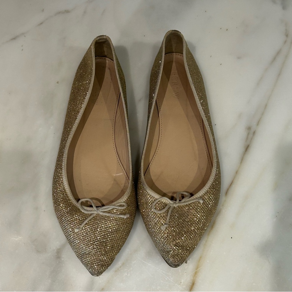 J.Crew Elegant Gold Sparkle Women's Ballerina Flats with Bow size 8